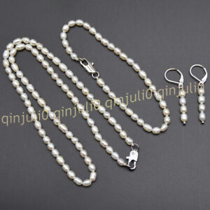 4-5mm Natural White Freshwater Rice Pearl Beads Necklace Bracelet Earrings 18''