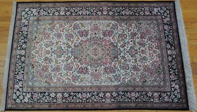 Excelente alfombra oriental de seda pura anudada a mano aves flores 3'6" x 5'4" excelente Foto 1 de 4