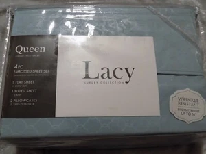 Blue Embossed Queen Sheet Set Soft Bed 4 pc Deep Pockets Wrinkle Resist NEW! - Picture 1 of 2