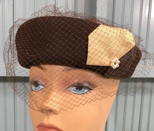 Brown Laced Electa Dress VTG USA Union Made Church Womens Cap Hat 56cm - Picture 1 of 7