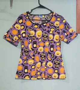 Surgery Medical Uniform Purple Halloween Pumpkin Nursing Scrubs Top Size S Small - Picture 1 of 6