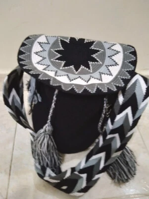 BLACK Boho Wayuu handmade mochila hobo crossbody bag unique W/flap Colombia - Image 1 of 4