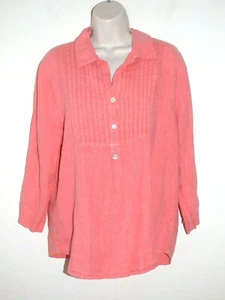 Hot Cotton Linen Blouse Sz S Pink Pintuck Tunic Pullover Top 3/4 Sleeve Collared - Picture 1 of 7