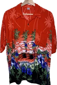 Tropical Hawaiian shirt mens medium red button up rayon patterned parrot beach - Picture 1 of 8