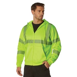 Men's Safety Green Hi-Visibility Hoodie w/ Reflective Strips Zip-Up Sweatshirt - Picture 1 of 5