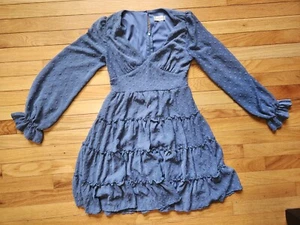 Altar’d State Eliza Minikleid französisch blau Schweizer Punkte Gr. XS Rüschen langarm - Bild 1 von 13