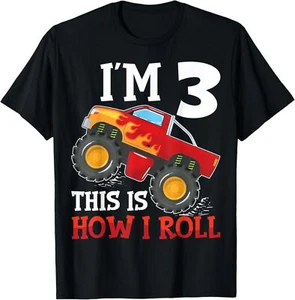 Three 3yr 3rd Birthday Monster Truck Boy 3 Years Old T-Shirt Hoodie - Picture 1 of 12