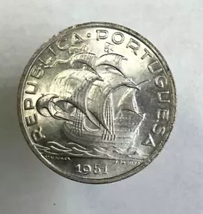 1951 Portugal 5 Five Escudos, Silver sailing ship, KM# 581, GEM UNC - Picture 1 of 2