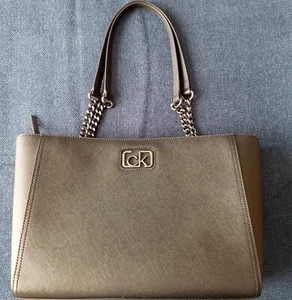 Calvin Klein Medium Satchel Faux Leather Handbag Partial Chain Strap - Picture 1 of 10