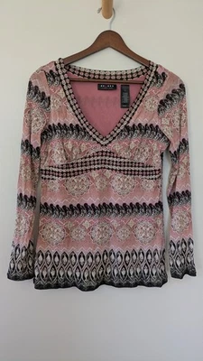 复古 Y2K Axcess Paisley Babydoll Top M 网眼仙女垃圾透明粉红色黑色 — 第 1/4 张图片