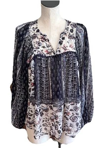 Top Knox Rose donna medio blu navy floreale chiffon manica a palloncino BoHo semi trasparente - Foto 1 di 7