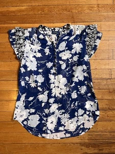Polo Ralph Lauren Crepe Floral Blouse Women’s Small Blue White Pleated Sleeve - Picture 1 of 12