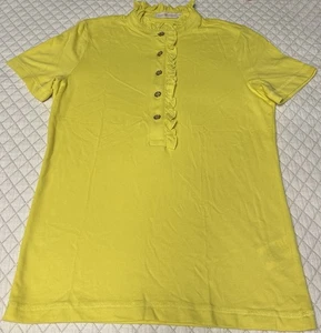 Tory Burch Emily Rüschen Poloshirt Damen Gelb 1/4 Knopfleiste Kurzarm M - Bild 1 von 5