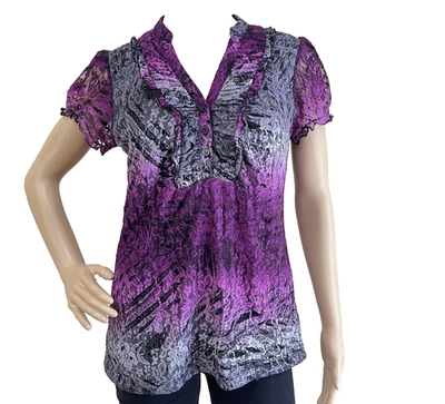 Vintage Y2k Top Medium Purple Black Ruffle Button Front Fairy Grunge Whimsigoth - Image 1 of 4