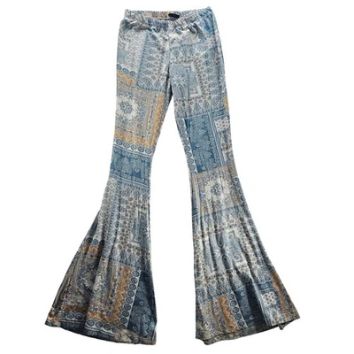 Pantalones acampanados Rue 21 estampado de retazos para mujer azul naranja boho festival elásticos Foto 1 de 4