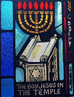 ANTIQUE CHURCH WINDOW "boy JESUS in TEMPLE" FIRED PAINTED GLASS early 1940s NYC - Image 1 of 4