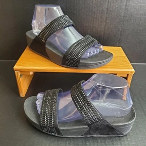 FitFlop Sequins Nova Black Comfort Sandals Studded Double Strap Slip-ons Size 8 - Picture 1 of 9