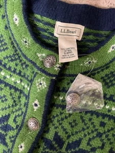 Cardigan LL Bean Fair Isle maglione donna verde blu lana di agnello nordico taglia M nuovo - Foto 1 di 15