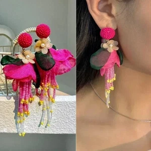 Pink Fuchsia Flower Earrings Pearl Beaded Wedding Drop Dangle Prom Pageant - Picture 1 of 6
