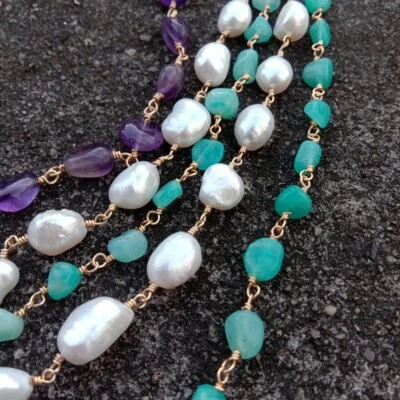 Collar Cadena Rosario Amatista Amazonita Perla Barroca Blanca Cultivada 5 Hilos Foto 1 de 4