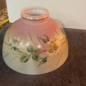 ANTIQUE Hand painted GLASS GAS OIL LAMP SHADE 12” Pink Yell. Flowers - Picture 1 of 8
