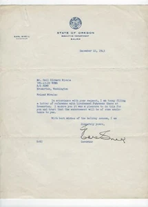Earl Snell Oregon Governor Signed Letter Official Watermarked Stationary 1943 - Picture 1 of 2
