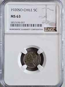 Chile 5 Centavos 1920 SO NGC MS 63 - Picture 1 of 2
