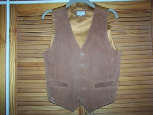 MEN'S LEATHER TAN WAISTCOAT, 2 PKTS, 5 BUTTONS, BELTED ACETATE BACK, M 39"Chest - Picture 1 of 4