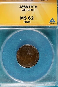 1866 ANACS MS62 BROWN Great Britain Farthing!! #B5114 - Picture 1 of 2