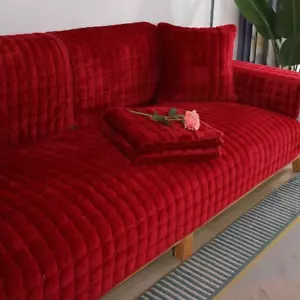 Velvet Sofa Cover Universal Plaid Plush Non-Slip Thickened Living Room Sofa Cove - Picture 1 of 25