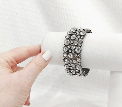 Pulseira elástica Gunmetal e redonda de vidro branco cristal 1" banda larga - Imagem 1 de 4