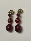Stunning Vintage Signed Monet Gold Tone Red Lucite Drop/Clip-on Earrings EUC!