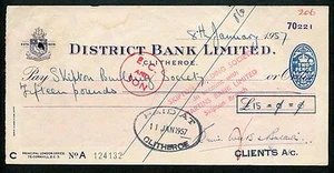 UK Great Britain Check Cheque District Bank Limited 1957 VF !!! - Picture 1 of 2
