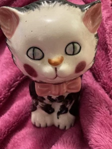 Cat Kitty Pottery Planter Large Eyes Black White Pink Bow, 5 in tall, 4 in wide - Picture 1 of 6