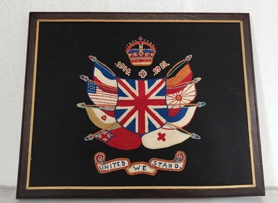 ANTIQUE WW1 BRITISH ARMY ALLIED FLAGS LARGE FRAMED WOOL SILK EMBROIDERED PICTURE - Image 1 of 4