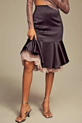 NWT Anthropologie Organza Bubble Slip Midi STATEMENT EVENT SKIRT BLACK SATIN 6 - Image 1 of 4