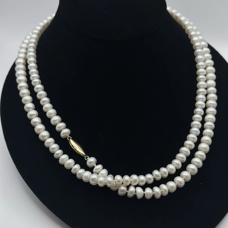 Moeda 7mm pérola 38” fio ouro amarelo 14k Grassmann-Blake fecho colar atado - Imagem 1 de 4