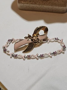 Avon Breast Cancer Awareness Ribbion Brooch Rhinestone Bracelet - Picture 1 of 9