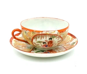 Vintage Kutani Handpainted Orange Geisha Tea Cup And Saucer - Picture 1 of 11