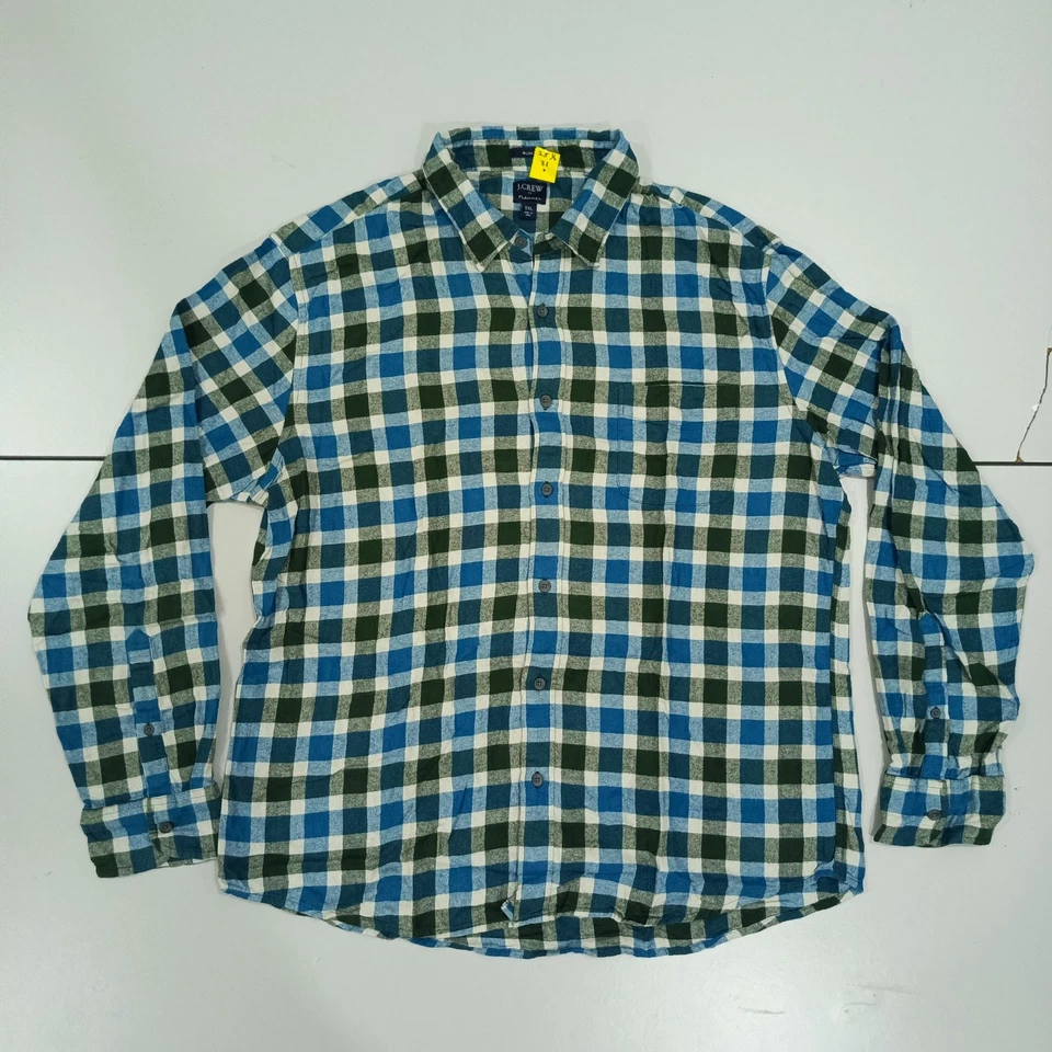 J CREW Plaid Shirt Men Button Up Shirt Long Sleeve Flannel Blue Green Size 2XL - Image 1 of 4