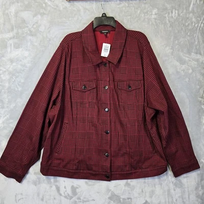NWT TORRID Red Black Plaid Ponte Crop Trucker Jacket Womens 5 Nylon Rayon Pocket - Image 1 of 4