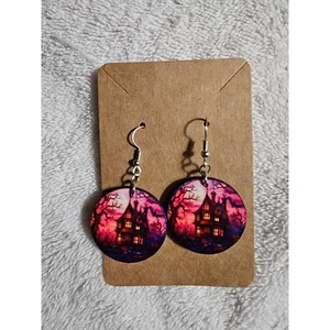 Haunted House Earrings Halloween Costume Jewelry Spooky Drop Dangle - Picture 1 of 1