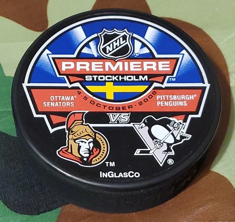 2008 STOCKHOLM πΈπͺ OTTAWA SENATORS VS PITTSBURGH PENGUINS NHL PUCK INGLASCO Cover