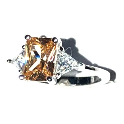 Sterling Silver 3ct Champage Cubic Zirconia Emerald Cut Three Stone Ring SZ 5-10 - Image 1 of 4