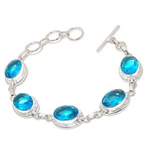 Swiss Blue Topaz Gemstone Handmade 925 Sterling Silver Jewelry Bracelet Sz 7-8" - Picture 1 of 1