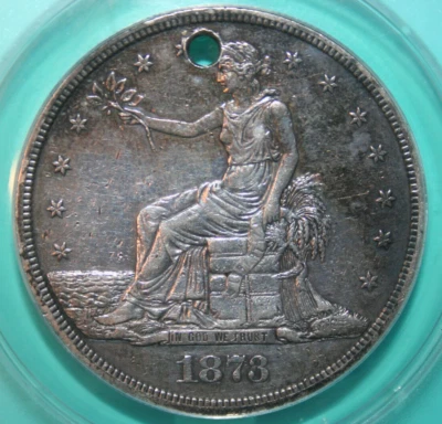 1873 Proof Pattern Trade Dollar J-1322 - ANACS AU50 Details - Holed/Cleaned - Image 1 of 4