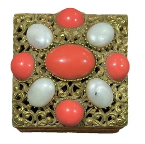 Large Florenza Dresser Jar Trinket Box Coral and White Large Cabochons Gold Tone - Picture 1 of 8