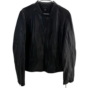 Halogen 100% Leather Jacket Moto Black Full Zip Ribbed Detail Women's Size XL - Picture 1 of 11