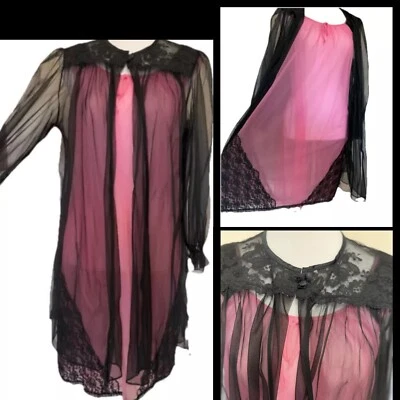 Conjunto Camisón De Colección Bebé Muñeca Doble Gasa y LN Bata Barbizon Rosa Transparente Negro M Foto 1 de 4