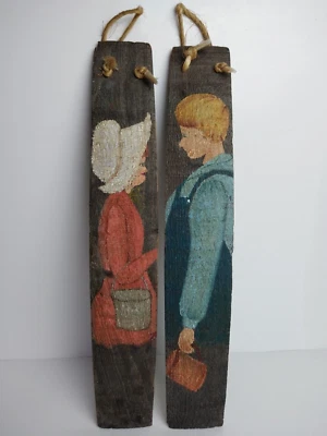 Vtg. Primitive (2) Old Wood Barrel Staves Hand Painted Folk Art Farm Girl & Boy - Image 1 of 4